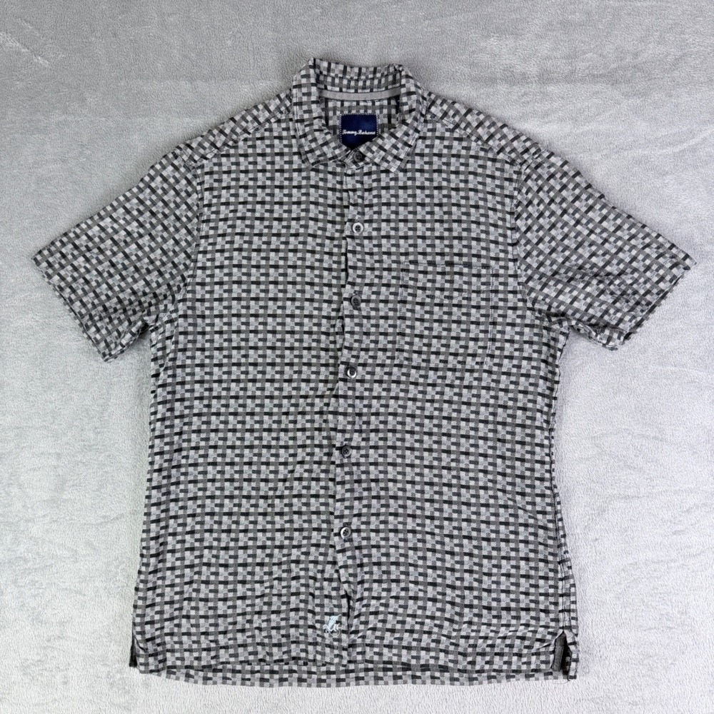 Tommy Bahama Mens Silk Cotton Checkered Short Sleeve Shirt Grey Black M T317681